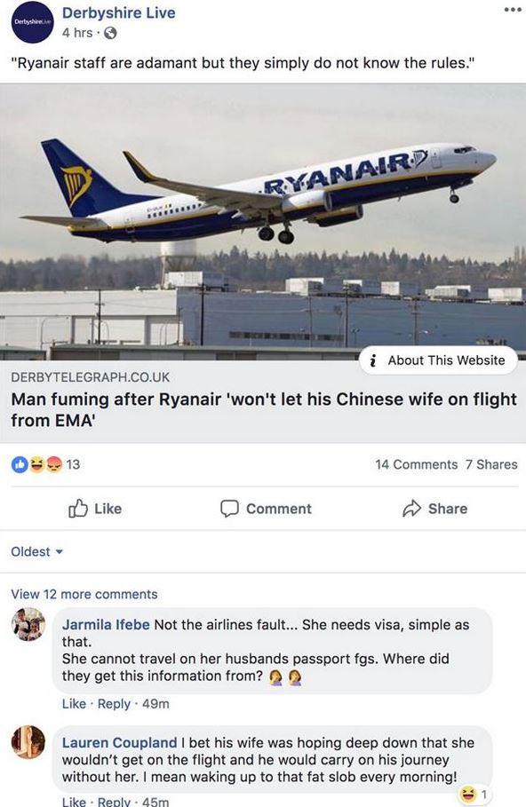  Responding to a local news story on Facebook Ms Coupland wrote: 'I bet his wife was hoping deep down that she wouldn’t get on the flight and he would carry on his journey without her.