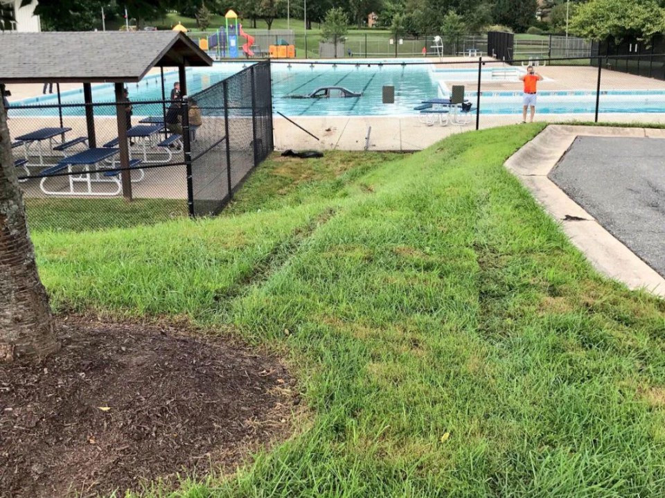 The car appeared to roll across the grass before breaking through the fence and landing in the pool