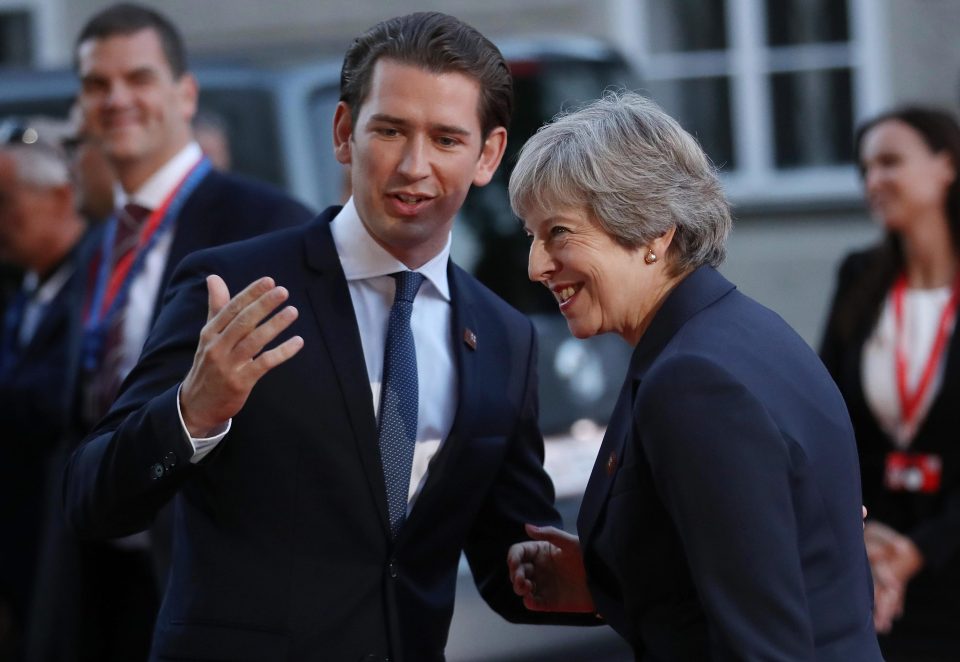  The PM was greeted by Sebastian Kurz who wanted her to have more time for her speech