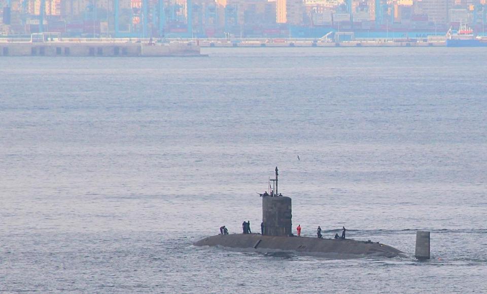  HMS talent leaving its dock on the rock