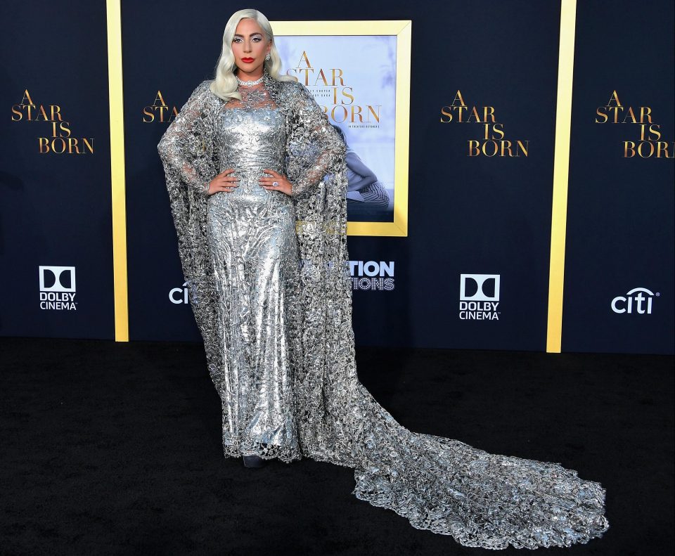 Lady Gaga stole the show in a glittering sequin gown at the premiere of A Star Is Born in LA last night