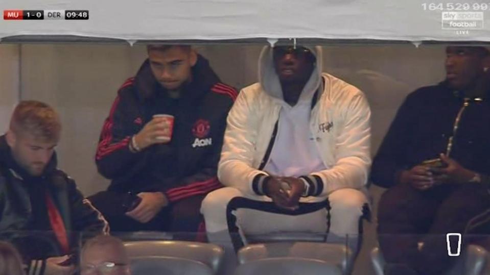  Paul Pogba watches his team-mates take on Derby in the Carabao Cup