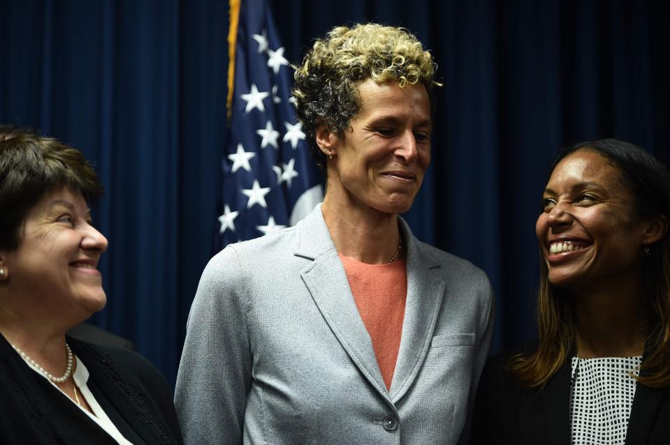  Cosby's victim Andrea Constand (c) attends a press conference after the sentencing