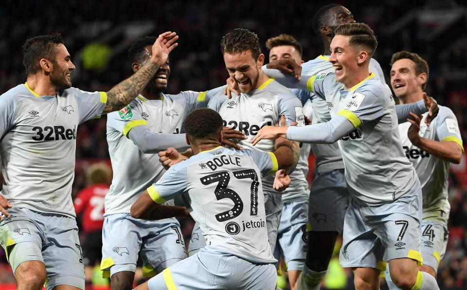  Jack Marriott is mobbed after scoring what Derby thought was the late winner