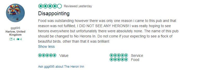  The reviewer wasn't happy about not seeing any herons during his visit