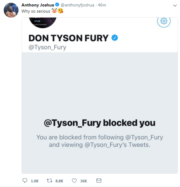  AJ posted an image of a screenshot showing Fury had blocked him