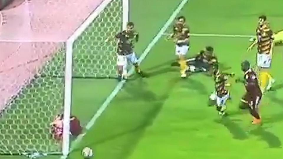  It rebounds to safety in what must be the most bizarre goal-mouth scramble ever