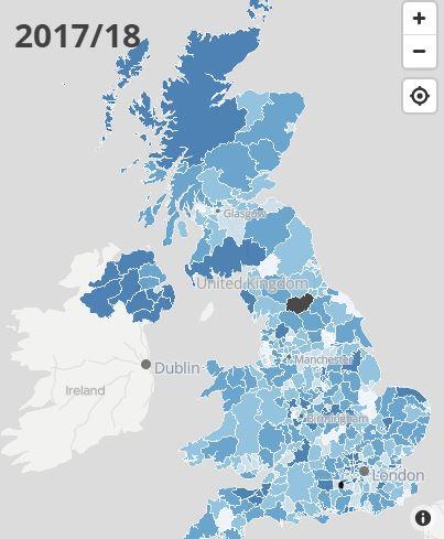  The happiness levels throughout the country have been ranked as part of an ONS survey - the dark blue areas show higher happiness