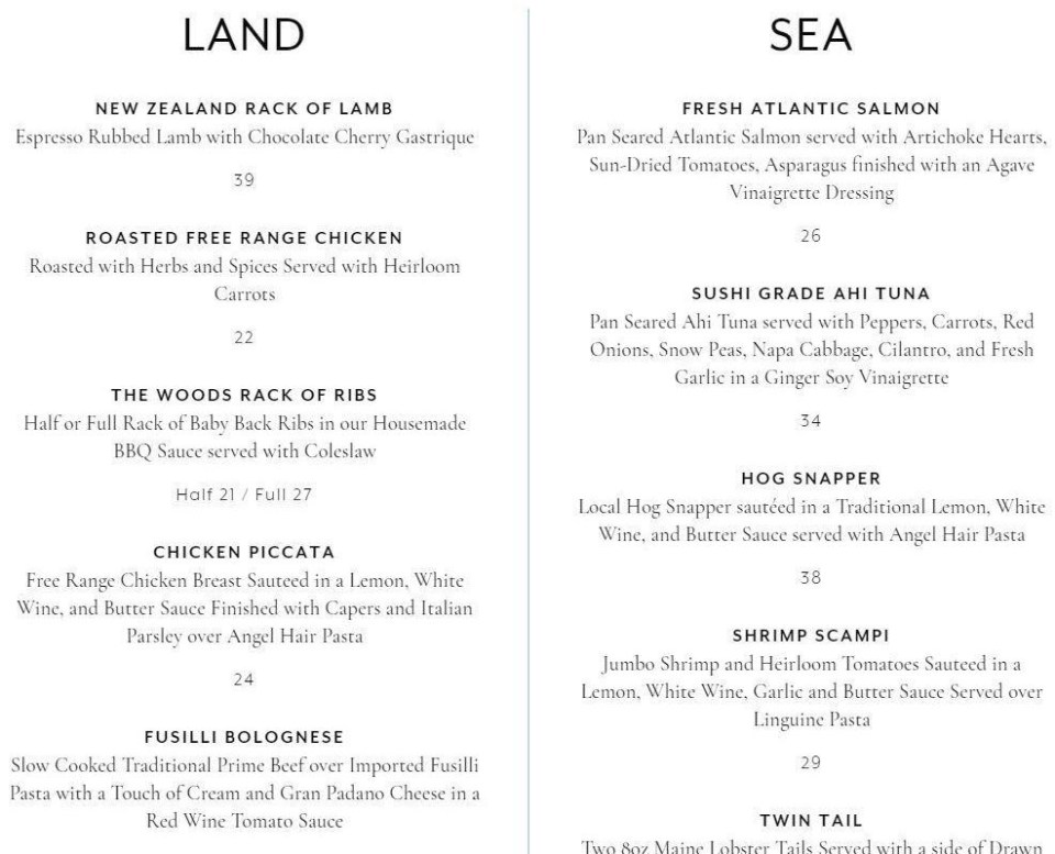 A guide to the main course menu at Woods Jupiter