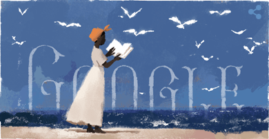  Today's Google Doodle features a painting of Mary reading a book on a seafront