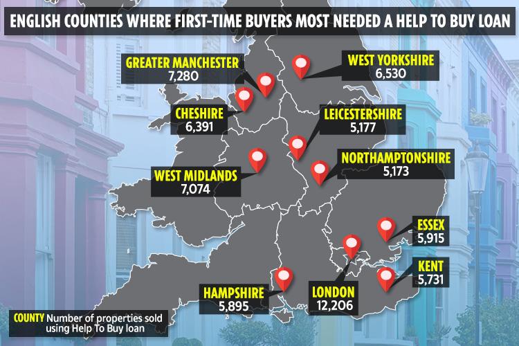  Map showing the counties with the most first-time buyers relying on the Help to Buy loan since 2013