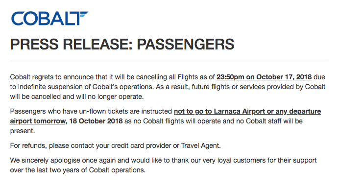  Cobalt issued a shock statement to passengers tonight