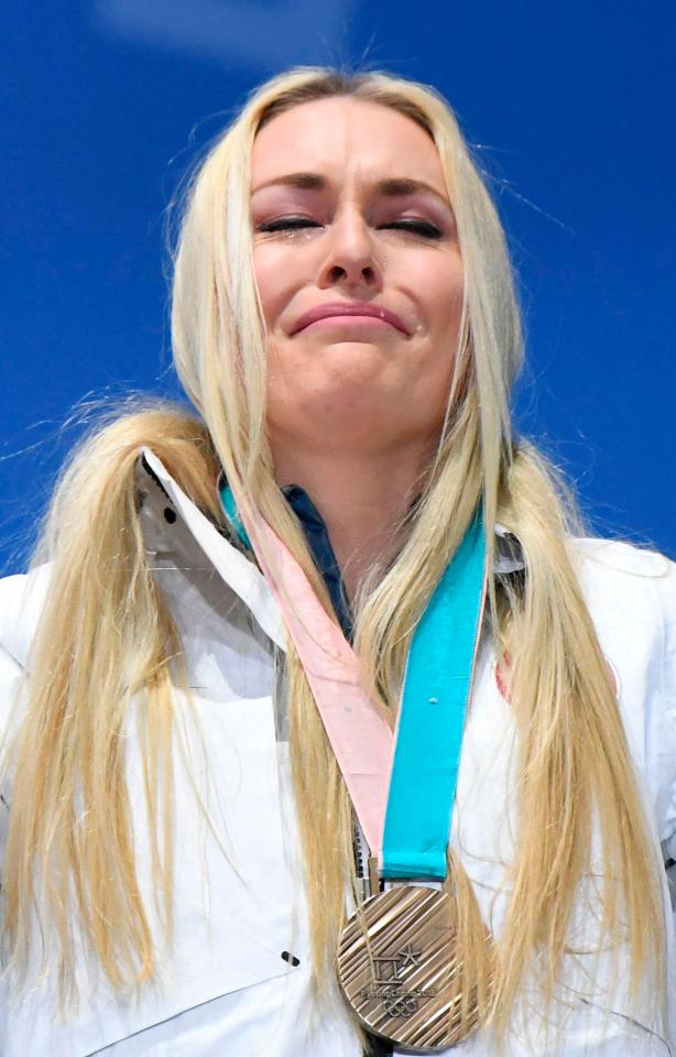 Lindsey Vonn cries as she wins bronze at the women's downhill this year