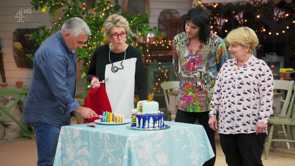  Prue Leith and the Great British Bake Off judges tuck into a cake. She says Paul Hollywood is much more disciplined than she is