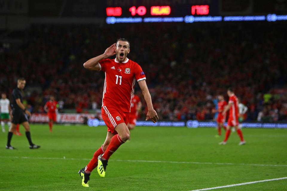  Gareth Bale celebrates scoring a stunner against Ireland in Wales' opening Nations League game