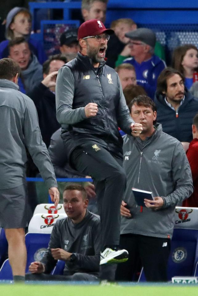  Jurgen Klopp celebrates after Sturridge's equaliser for Liverpool against Chelsea at Stamford Bridge