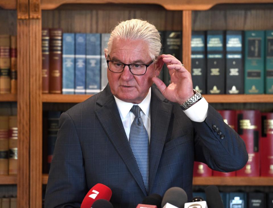  Her lawyer Leslie Stovall, 65, speaks at a press conference in Las Vegas on Wednesday evening