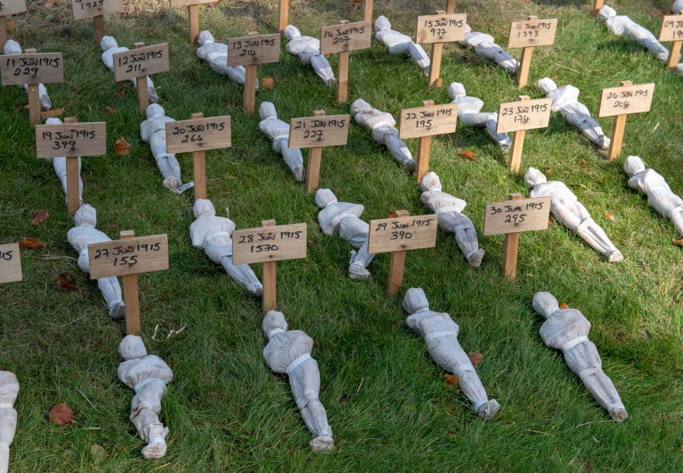  Shrouded figures representing 72,396 Commonwealth soldiers unaccounted for in the Battle of the Somme