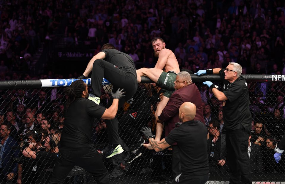  Conor McGregor launches himself out of the Octagon before a brawl starts with the crowd