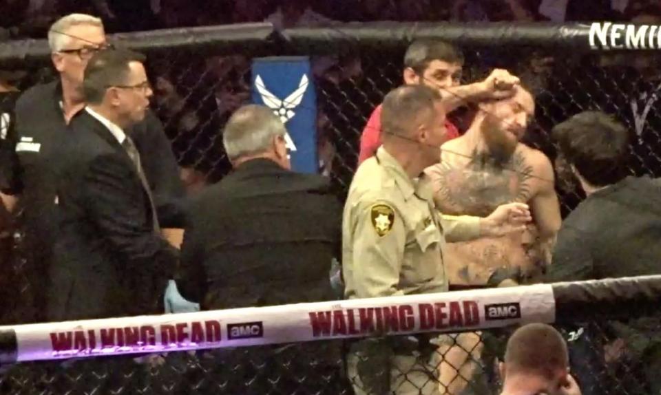  Two of the Khabib team headed for the Irishman and landed heavy punches to his head, knocking McGregor back