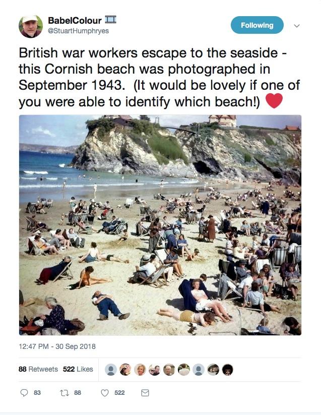  Stuart Humphryes posted the colourised picture appearing to show a man in a brown suit using a mobile phone on a beach in Cornwall... In 1943