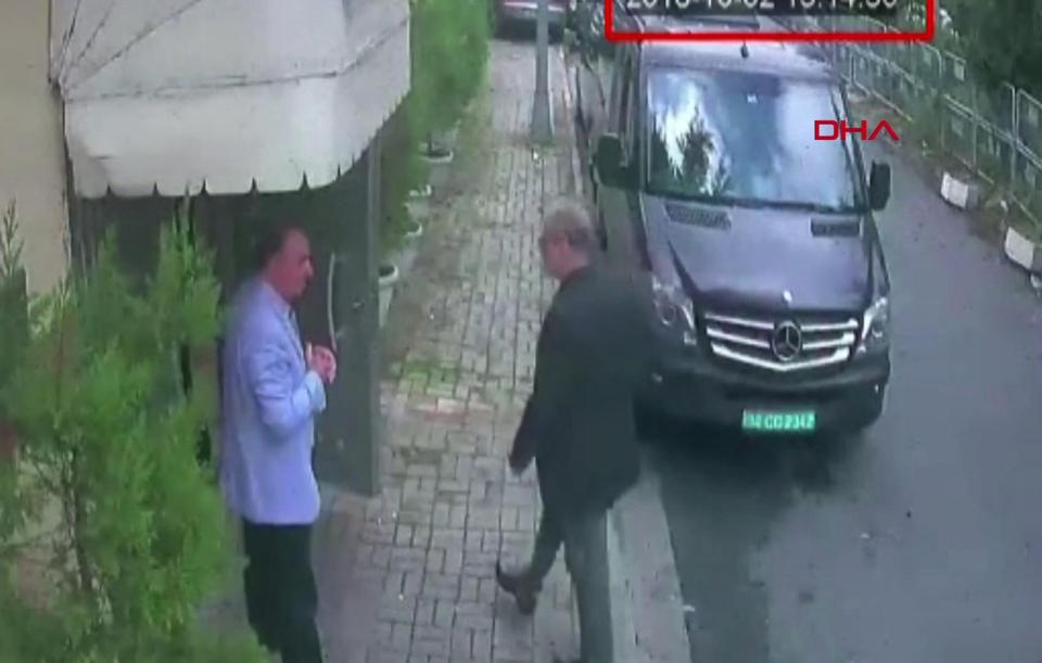  CCTV footage shows Saudi journalist Jamal Khashoggi, right, arriving at the Saudi Arabian consulate in Istanbul on October 2, 2018