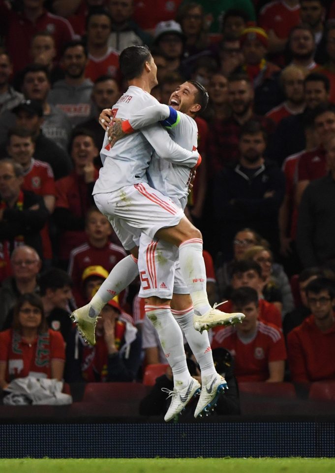  Real Madrid centre-back Sergio Ramos reacts after netting at the Principality Stadium