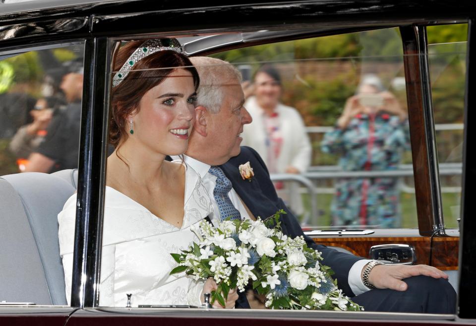  Princess Eugenie wore a stunning stunning bespoke gown by Peter Pilotto and Christopher De Vos for her wedding to Jack Brooksbank today