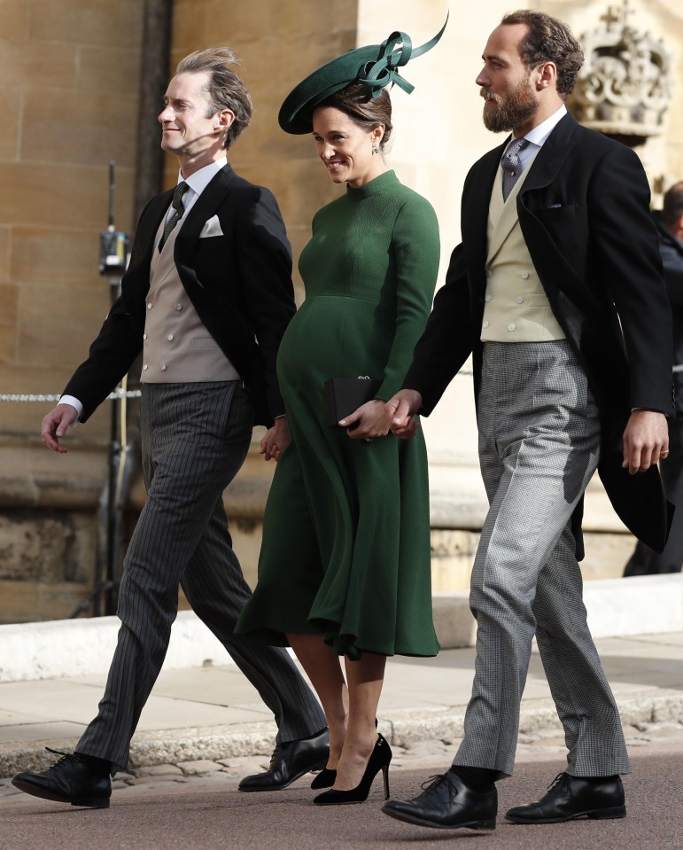 Pippa arriving with her husband James Matthews (left) and her brother James Middleton for the wedding of Princess Eugenie to Jack Brooksbank at St George’s Chapel in Windsor Castle on Friday