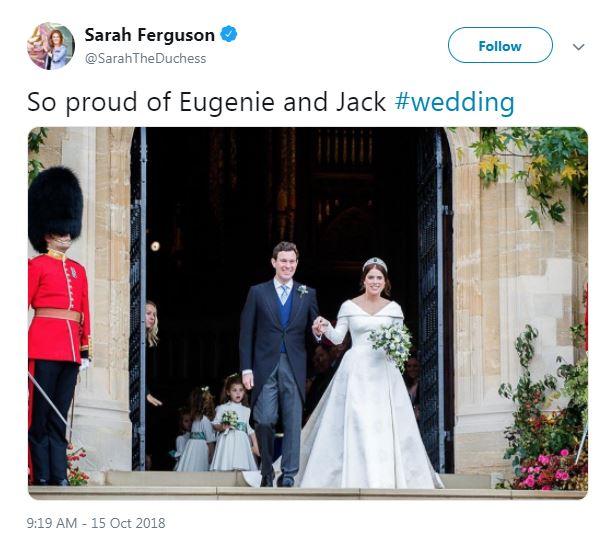  Sarah Ferguson shared a message saying congratulations to Princess Eugenie and Jack Brooksbank after Kensington Palace shared Prince Harry and Meghan's baby news