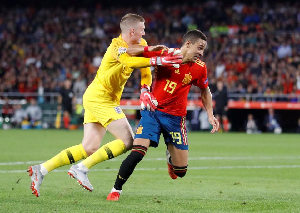  England keeper Jordan Pickford was clumsy in tackling Rodrigo - and the Spanish press thought it was a penalty