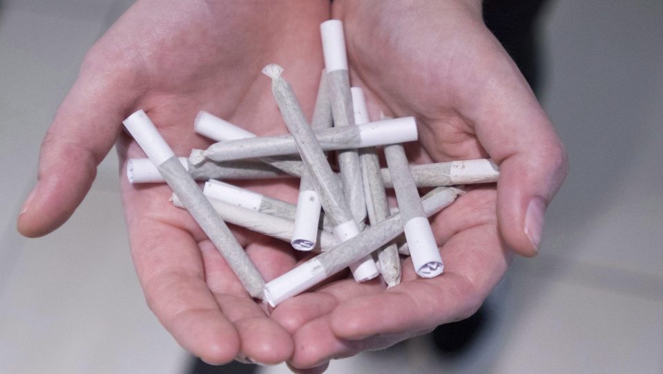  An employee holds a handful of joints at the Buddha Barn Craft Cannabis in Vancouver