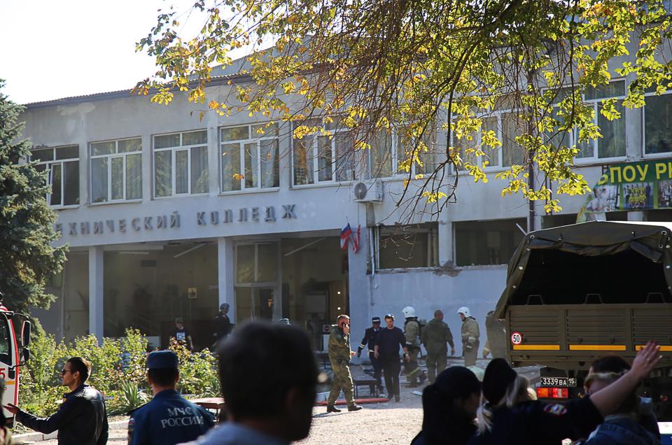  The site of a bomb blast at a college in the Crimean city of Kerch