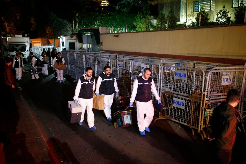  Forensic officers leave the Saudi consulate in Istanbul after conducting a search of the building