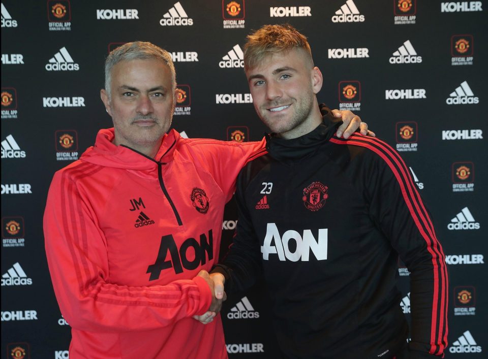  Luke Shaw poses with Jose Mourinho after signing a new long term contract with Manchester United