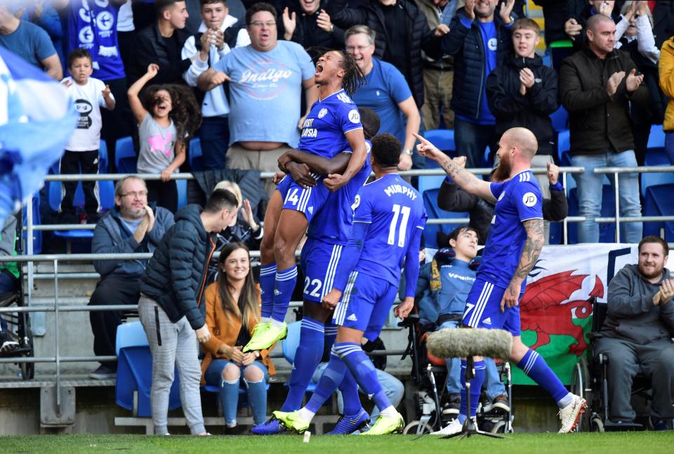  Bobby Reid celebrates scoring Cardiff's second goal