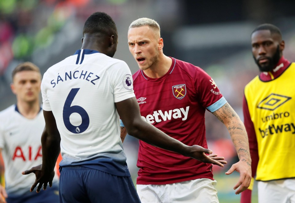 Marko Arnautovic had an angry clash with Davinson Sanchez in the second half