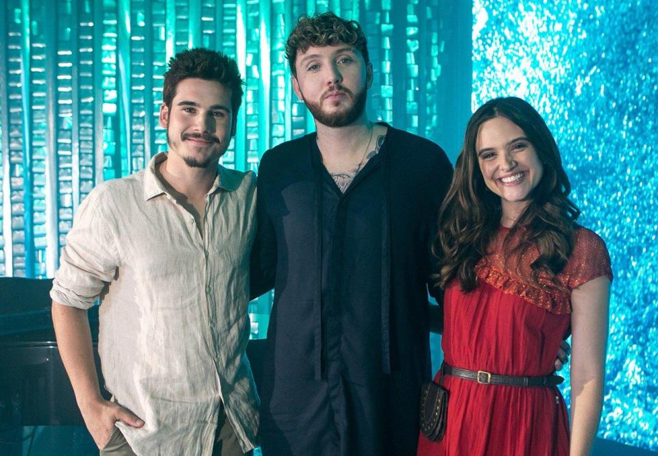  X Factor winner James Arthur with his new Brazilian soap co-stars Juliana Paiva and Nicolas Prattes