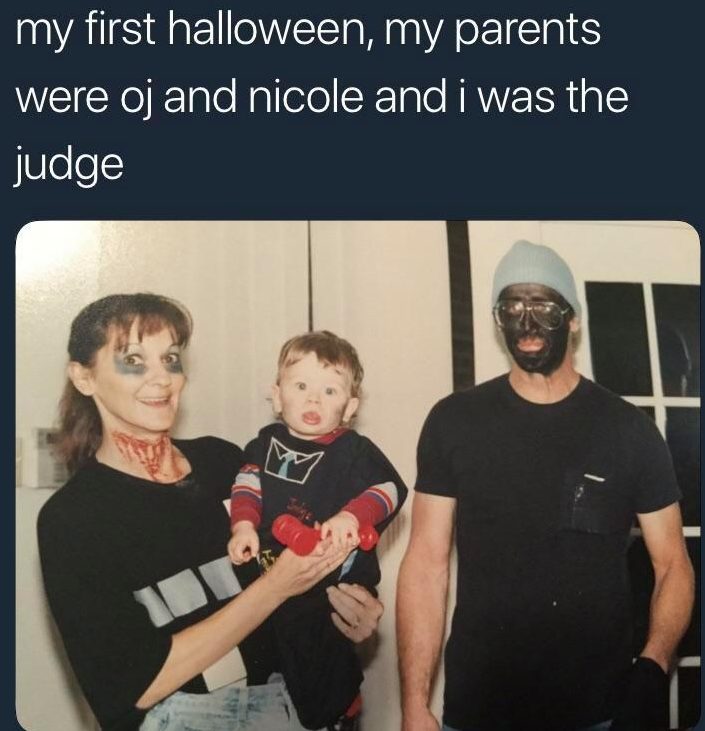  This couple decided to dress up like OJ Simpson and Nicole Brown - with their child as the judge 