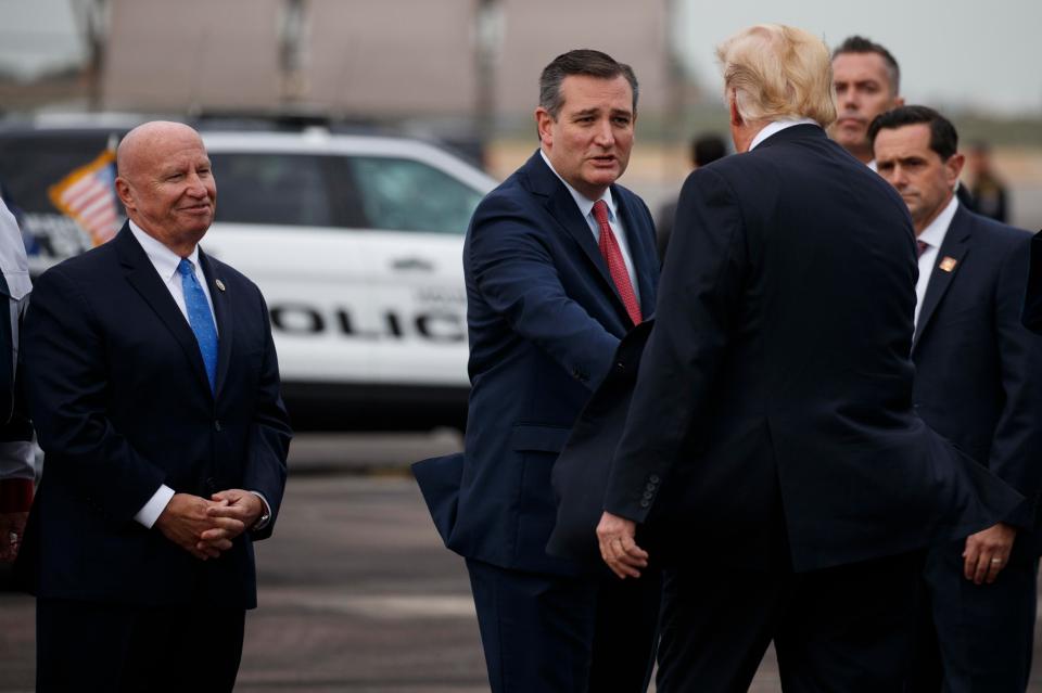  Republican congressman Kevin Brady, left, on the campaign trail this month with senator Ted Cruz and president Donald Trump