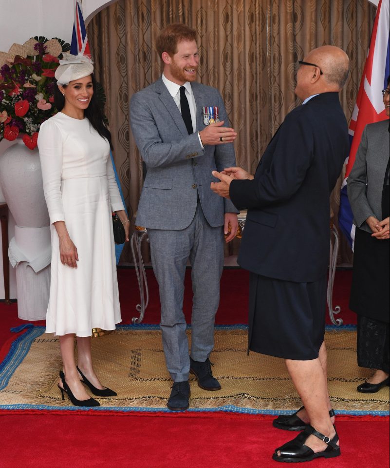  Harry shares a laugh with the president of Fiji ahead of a welcome ceremony