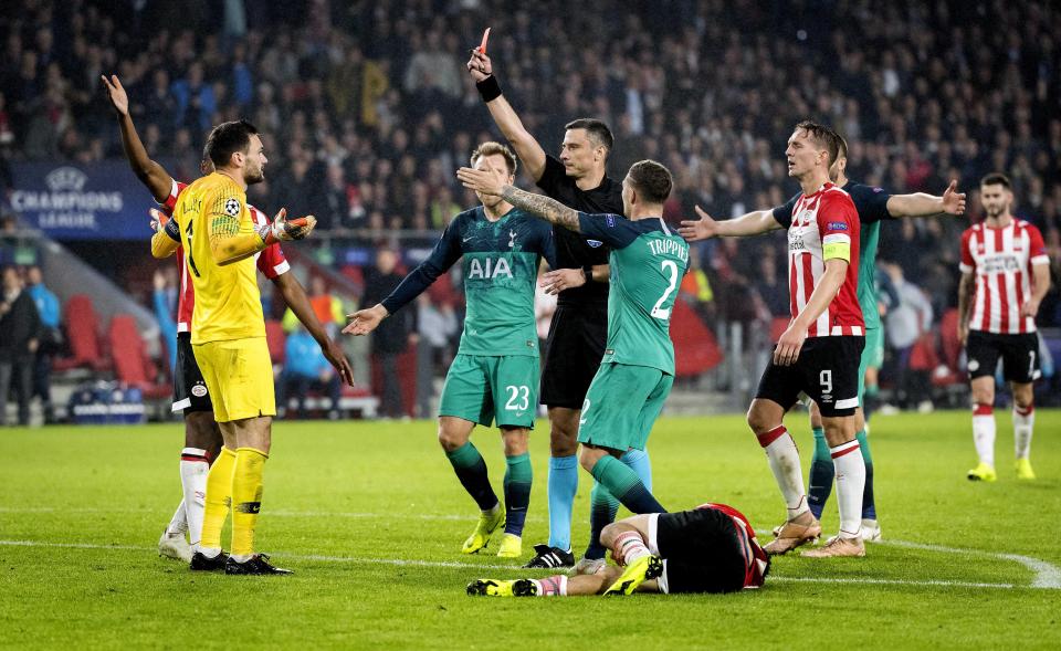  Hugo Lloris was sent-off in the 2-2 draw with PSV earlier this week