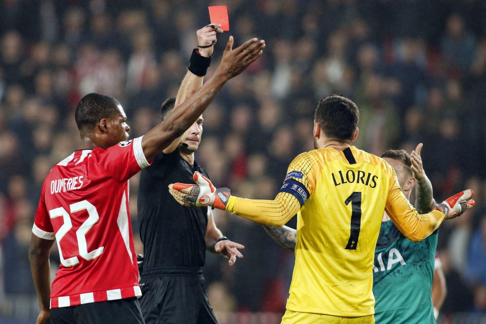  Hugo Lloris was sent off against PSV in the Champions League