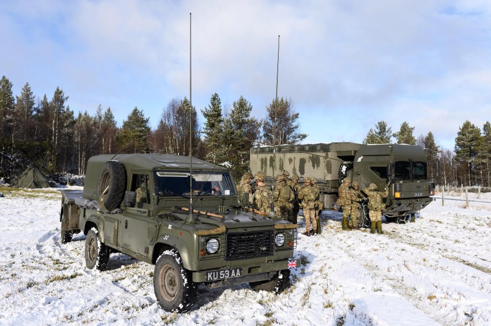  A British military Land Rover is seen as members of the Royal Engineers take part in a patrol during pre-exercise integration training