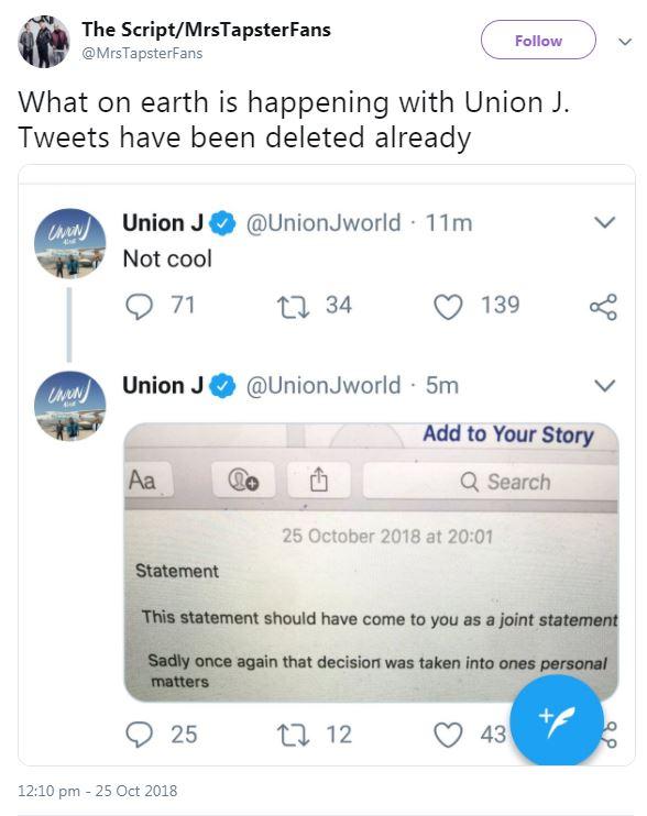  Union J posted a statement on their Twitter account following the news, which has since been deleted