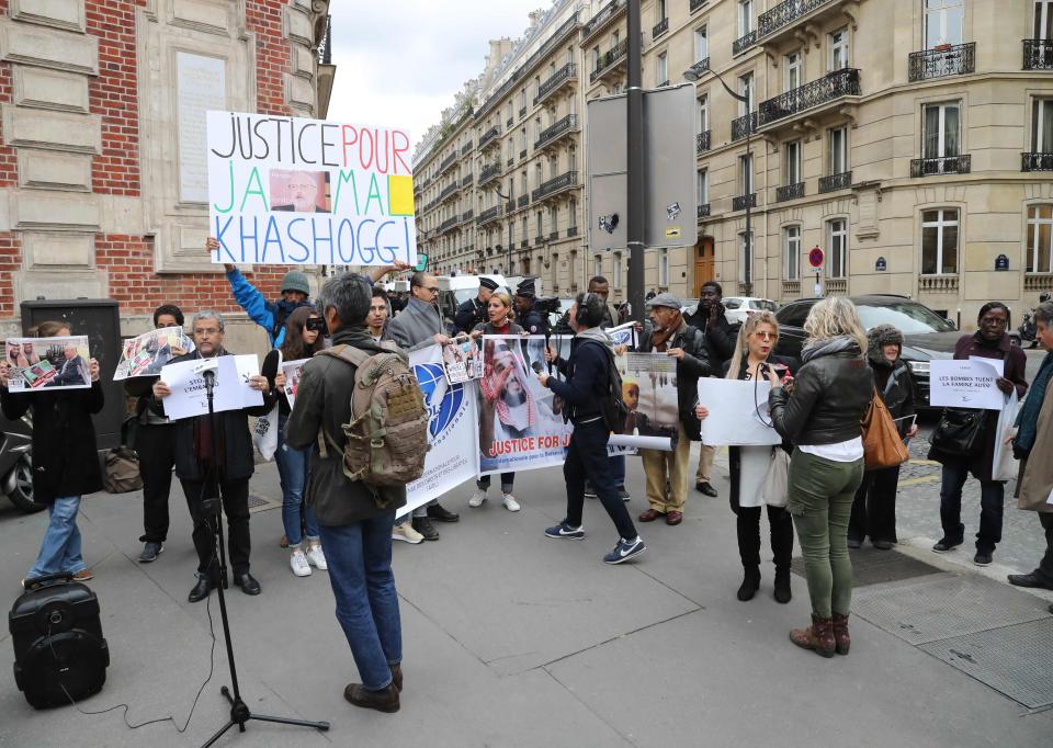  Demonstrators protest the brutal murder of journalist Jamal Khashoggi outside the Saudi Arabia embassy in Paris