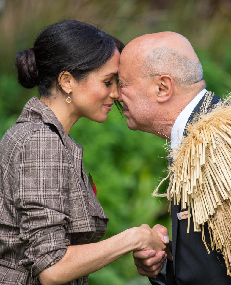  The Duchess of Sussex performs a hongi as she attends an official welcome at Government House