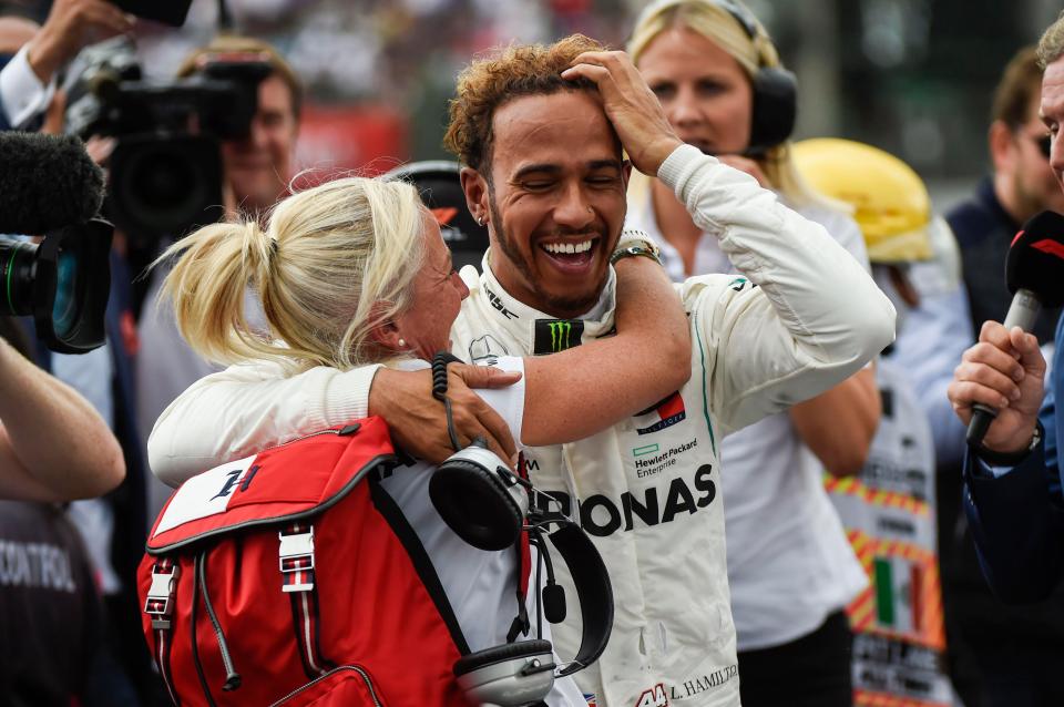  Angela Cullen congratulates Lewis Hamilton on his triumph