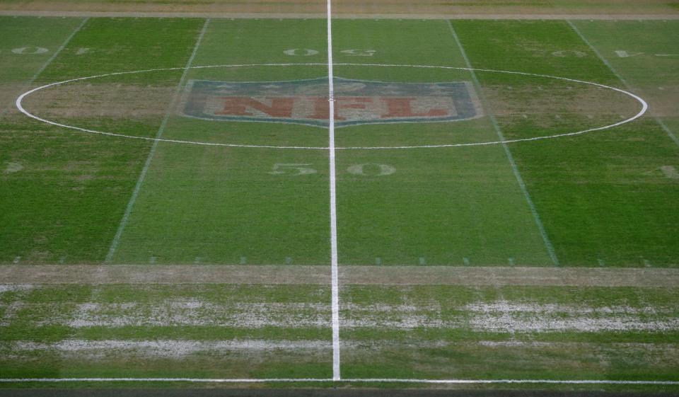  The NFL logo was easily visible in the centre of the pitch for the game live on TV