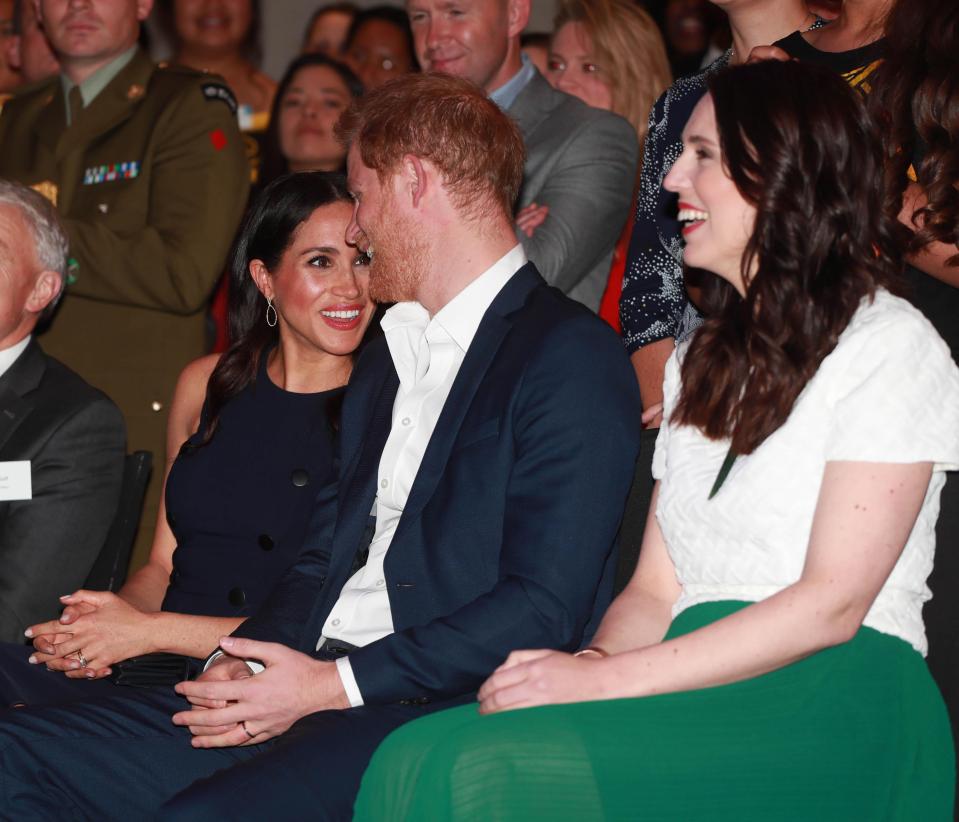  In the evening they attended a reception with new mum PM Jacinda Ardern, right